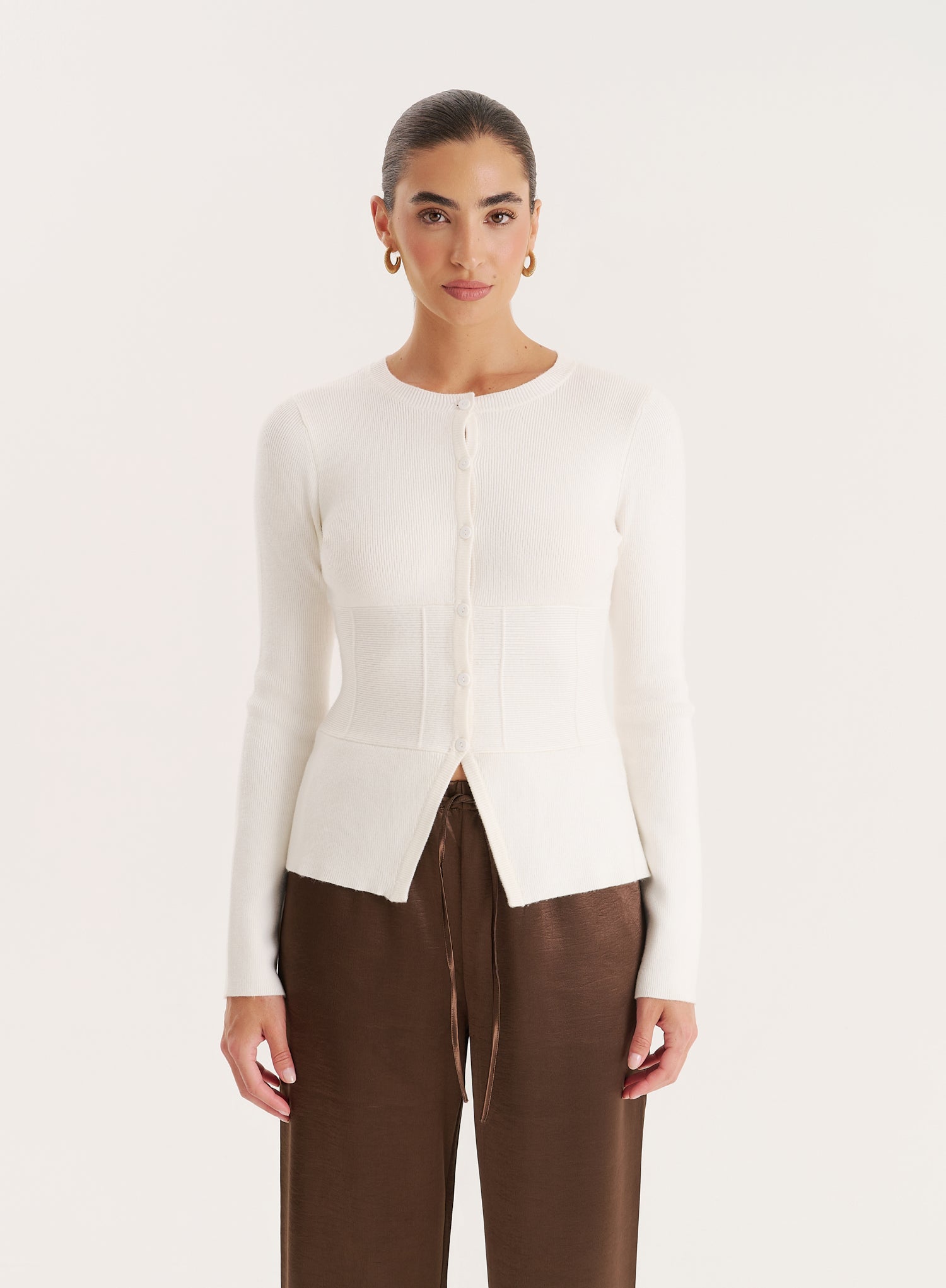 Cream Cinched Waist Knitted Cardigan